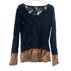 T-Party Womens Black Tan Ombre Floral Lace Long Sleeve Top LC36196 Sheer Size L